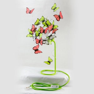 Green and Pink contemporary table lamp nature inspired for butterfly lovers, Rosy and lime green one of a kind desk lamp whimsical lighting