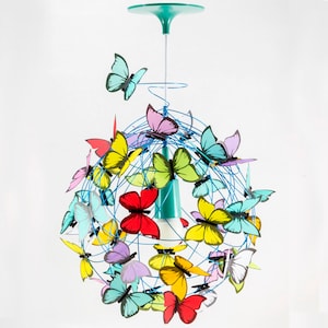 Light fixture with colored butterflies, Rainbow colors hanging light, Fun chandelier lighting for kids bedroom, Butterfly themed room light