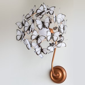 White butterflies copper wall sconce light, Boho light wall fixture in black and white, One of a kind sconce gift for butterfly lovers Long