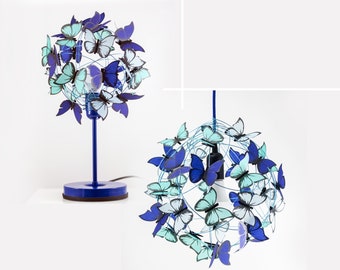 Lampe papillon bleue pour chambre à coucher, ensemble suspendu et lampe de table, ensemble d'éclairage papillon design moderne, lustre lumineux pour chambre de bébé papillon