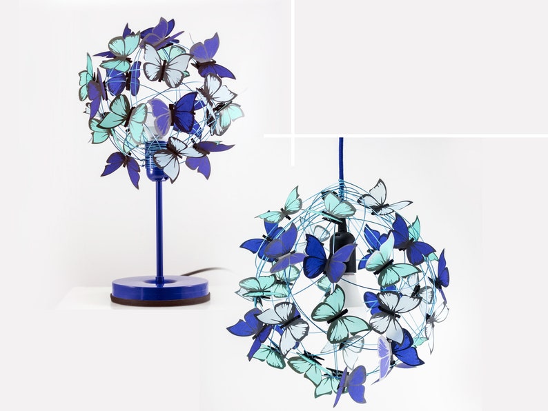 Blaue Schmetterlingslampe für Schlafzimmer, Set zum Aufhängen und Tischlicht, Schmetterlings-Beleuchtungsset für das moderne Design, Schmetterling Kinderzimmer Licht Kronleuchter Blue