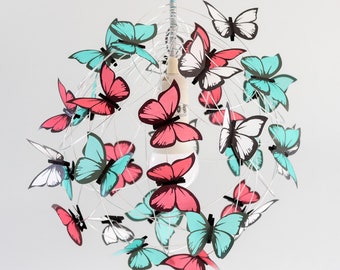 Pendant lamp chandelier with teal, rose and white butterflies, Unique interior lighting chandelier for children, nursery whimsical lighting