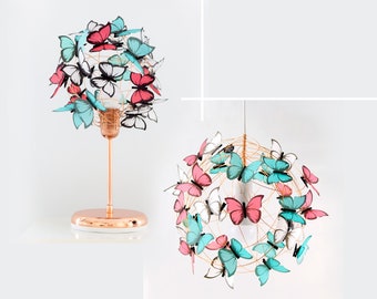 Ceiling and bedside lamp funky set for nursery,Pendant light and desk lamp with white,pink and teal butterflies,Flower lamp with butterflies