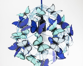 Blue butterflies Chandelier light,Blue nature light fixture,Indigo teal and clear blue whimsical pendant lighting for kids, sea colors light