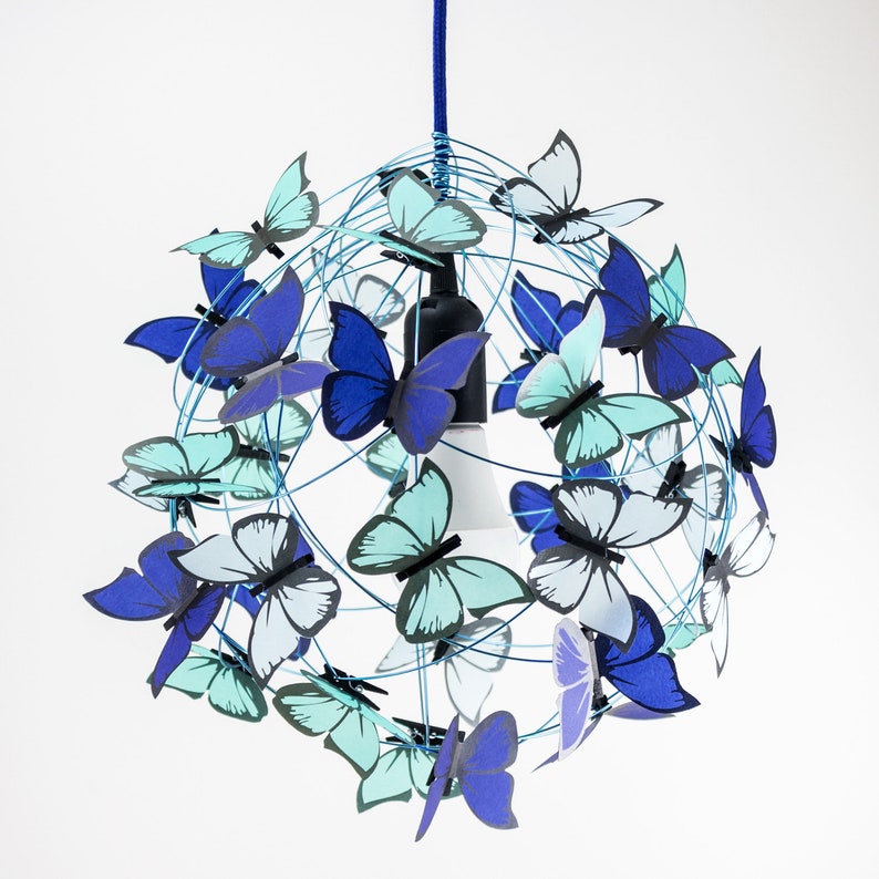 Lumière bleue de lustre de papillons, luminaire bleu de nature, sarcelle indigo et éclairage fantaisiste bleu clair pour des enfants, lumière de couleurs de mer image 1