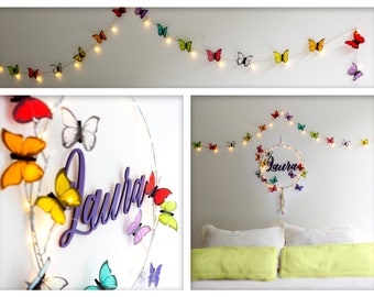 Decoración de habitación con temática de mariposas, letrero con el nombre de la corona de aro y luces de cadena de mariposas alimentadas por batería, guirnalda de luz arcoíris, decoración de regalo para baby shower