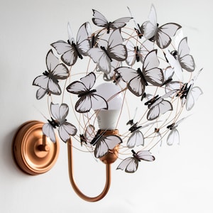 White butterflies copper wall sconce light, Boho light wall fixture in black and white, One of a kind sconce gift for butterfly lovers image 1