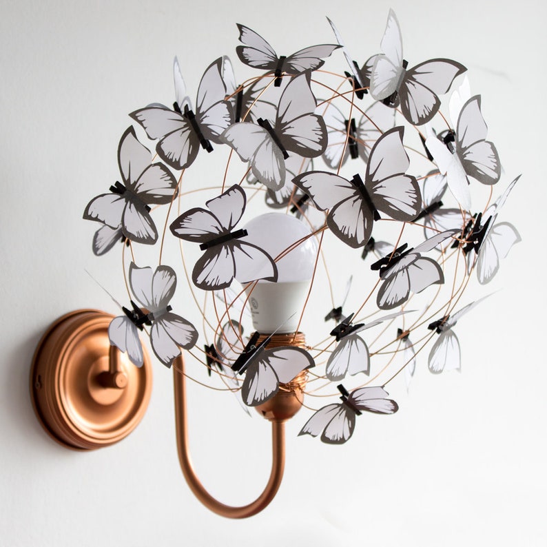 White butterflies copper wall sconce light, Boho light wall fixture in black and white, One of a kind sconce gift for butterfly lovers image 1