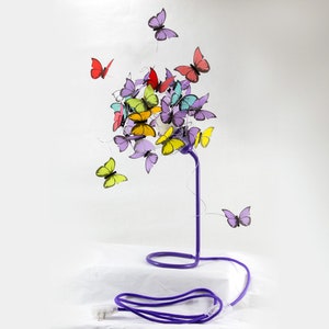 Customized purple Table lamp with rainbow butterflies,Unique flower butterfly table lamp in Green,Personalized Funky table lamp