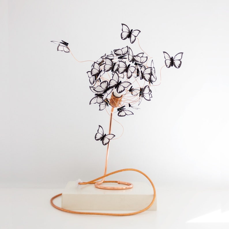 Copper Artistic Table Lamp with Butterflies in white, Gold Rose Funky Table lamp for nature lover, housewarming gift nature lover image 1