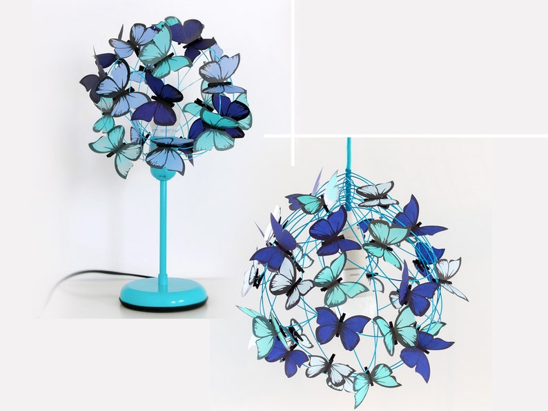 Blaue Schmetterlingslampe für Schlafzimmer, Set zum Aufhängen und Tischlicht, Schmetterlings-Beleuchtungsset für das moderne Design, Schmetterling Kinderzimmer Licht Kronleuchter Turquoise