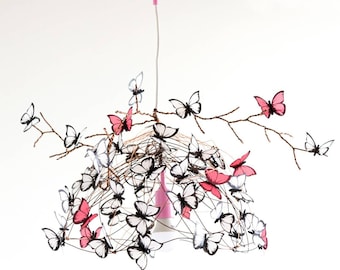 Pink and white butterfly chandelier light, unique pendant butterfly lamp, butterfly themed Bedroom hanging light