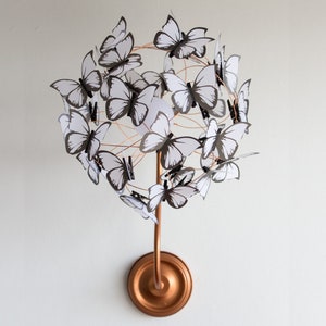 White butterflies copper wall sconce light, Boho light wall fixture in black and white, One of a kind sconce gift for butterfly lovers image 5