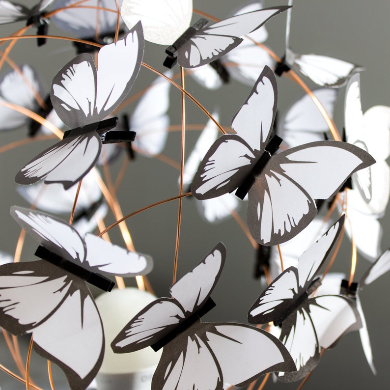 White butterflies copper wall sconce light, Boho light wall fixture in black and white, One of a kind sconce gift for butterfly lovers image 2