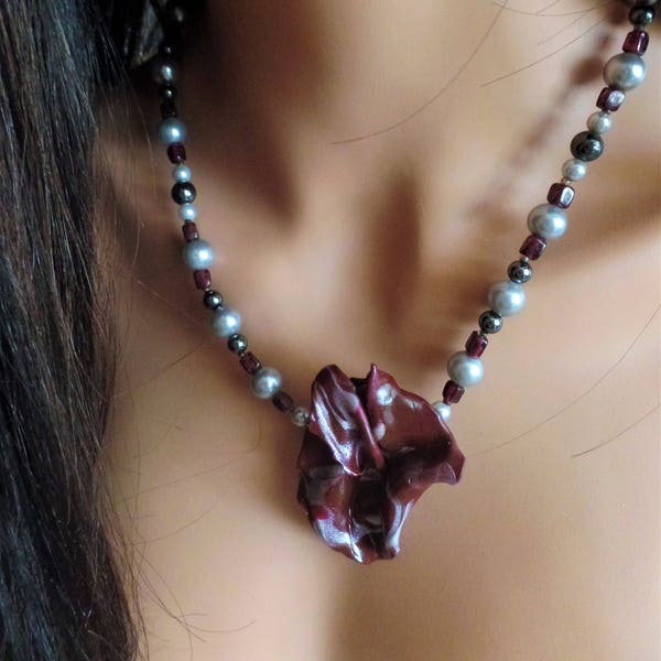 Artisan handmade floral pendant necklace with real garnets created in America, pearl and garnet statement necklace, grey & burgundy necklace