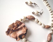 Handcrafted ooak necklace and earrings set, 'Carmela Pearl', free-form polymer clay jewelry, for her under 50, brown and white, made in USA