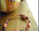 Sale~ Copper wrapped wood & glass beads boho bracelet made in USA, ooak bracelet, unisex, hand-fashioned clasp, tribal, red beige and purple