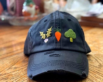 Veggie Embroidered Baseball Cap || Carrot, Turnip, Broccoli, Vegetable Handmade Embdoidered Hat