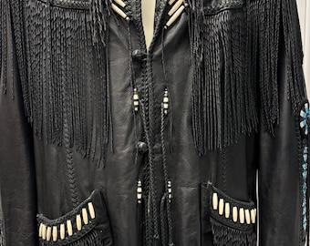 Vintage Arturo Black Leather Fringe Jacket Beaded Western Cowboy Coat Size 50. Like New. Only worn once.