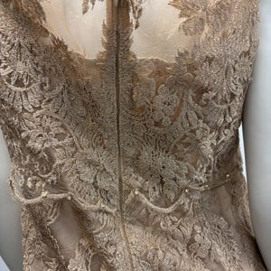 Pode incluir: Um vestido de renda bege com fecho de z&iacute;per nas costas. O vestido tem um delicado padr&atilde;o floral e uma bainha festonada.