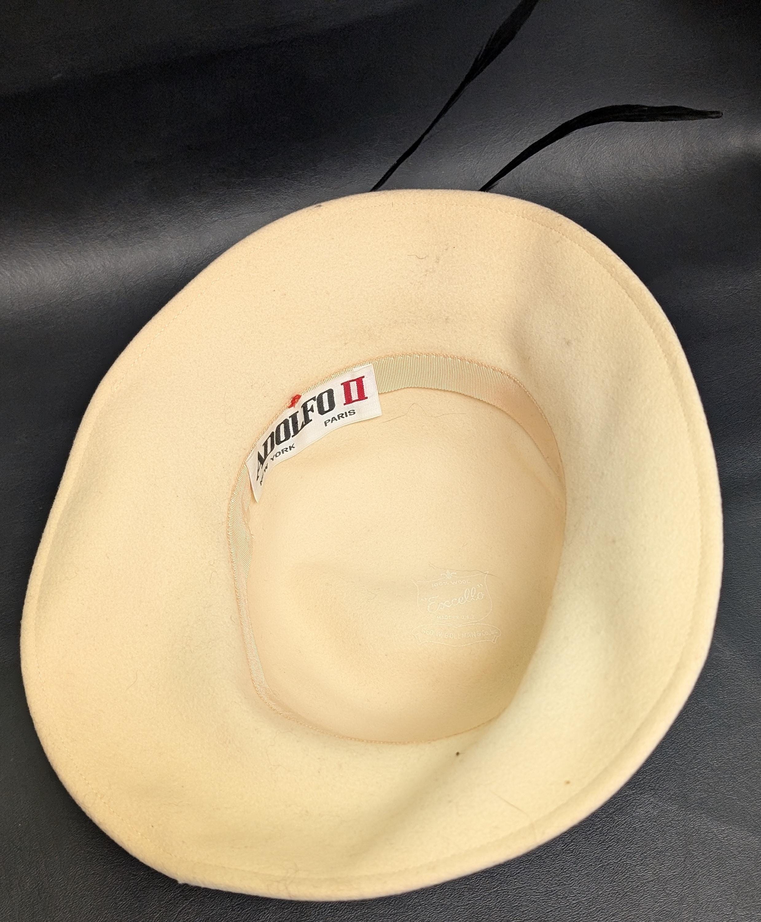 Vintage Adolfo II Cream & Black Wool W/feather Accent Hat 