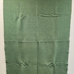 May include: A green wool blanket with a satin border. The blanket is folded in half and has a few wrinkles.
