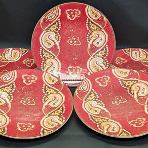 Set Of 5- Ballard Designs- Vintage Paisley Pattern- Salad Plate- Red & Brown Paisley Plate- Used