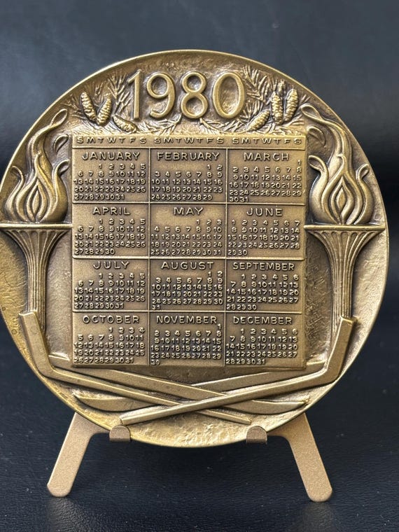 Vintage 1980 Maco Bronze Calendar/winter Olympic “lake Placid” EUC