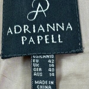 Pode incluir: Etiqueta preta e branca com o texto "Adrianna Papell" e informa&ccedil;&otilde;es de tamanho: EU 42, UK 14, GER 40, AUS 14. A etiqueta tamb&eacute;m diz "Made in China."