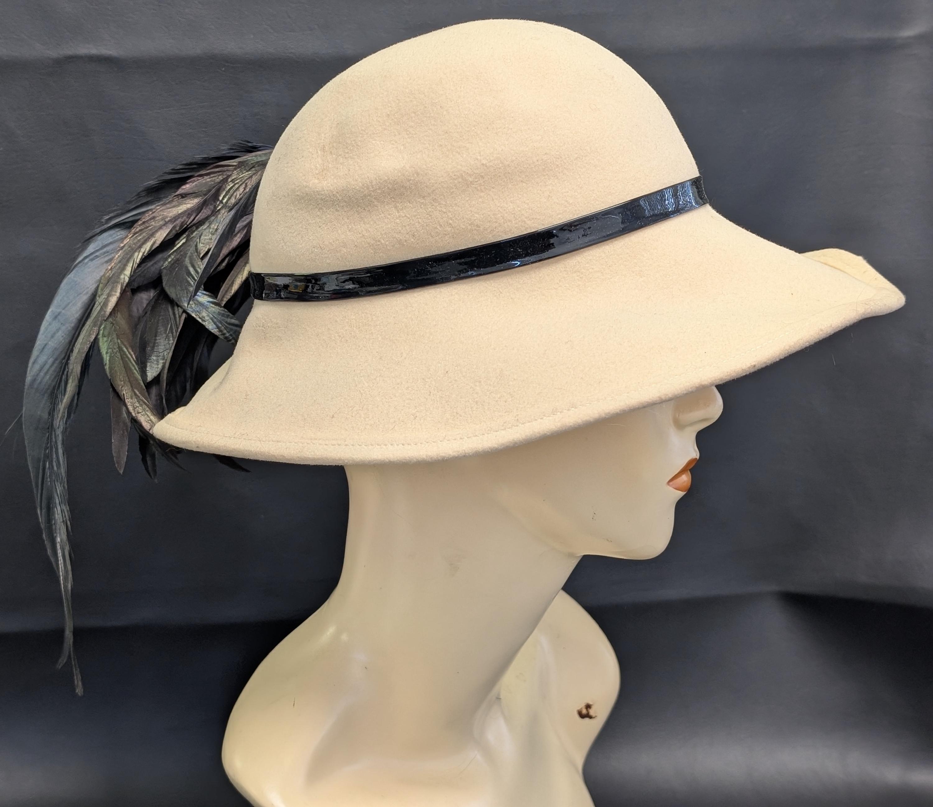 Adolfo II  Cream Felt Fedora with Feather Trim Vintage Adolfo II Cream & Black Wool W/feather Accent Hat  main image 2