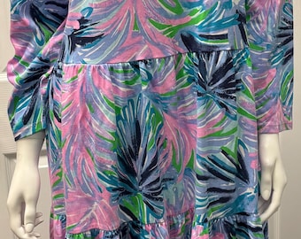NWOT Lilly Pulitzer XXL Long Sleeve Tiered Dress Blue Pink Palm Leaf Print 100% Cotton