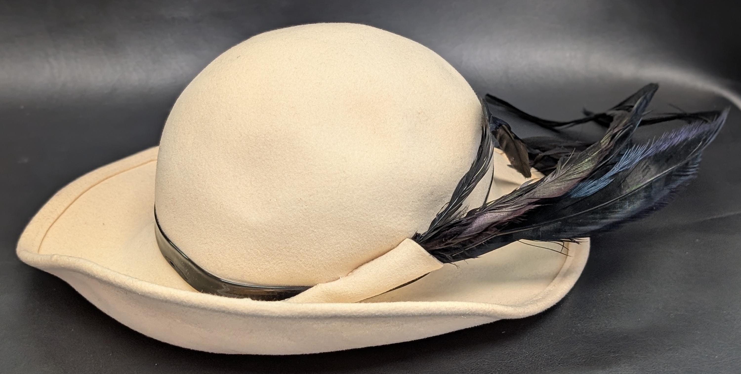 Vintage Adolfo II Cream & Black Wool W/feather Accent Hat  display picture 1