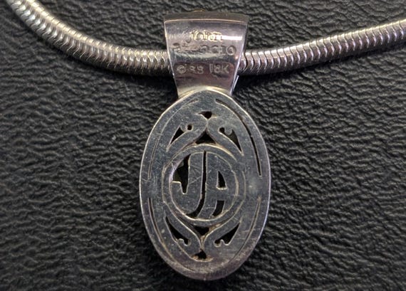 John Atencio- Pendant Drop Necklace- Silver 18k Gold Necklace- Oval Pendant- JA Signed View 4