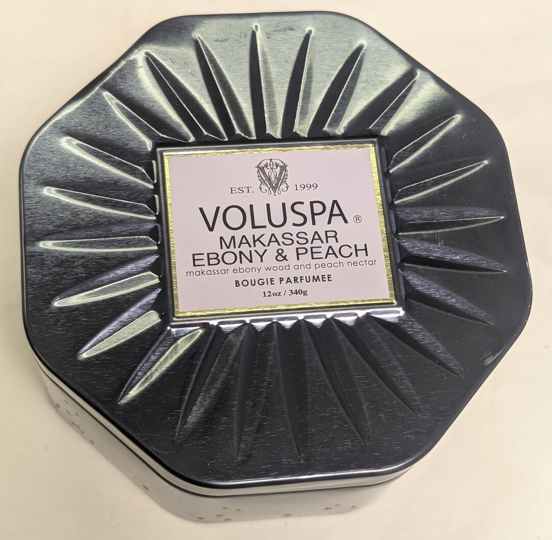 Voluspa 3- Wick Makassar Ebony & Peach Candle - Octagon Shaped Tin - Etsy