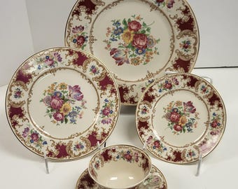 Old Ivory Syracuse China, "Romance" Maroon, 5 piece place settings