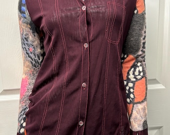 Shirt Passion Italia Button Down Top XL – Burgundy & Multicolor Patchwork Long Sleeve Shirt. EUC
