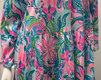Lilly Pulitzer Pink Blue Green Floral Tiered Long Sleeve Dress XXL 100% Cotton. NWOT