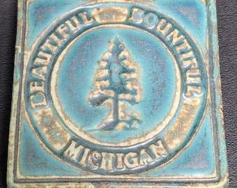 Pewabic- Pottery Bluish Green- Square Tile- Bountiful Michigan- Pine Tree Center- (1998)
