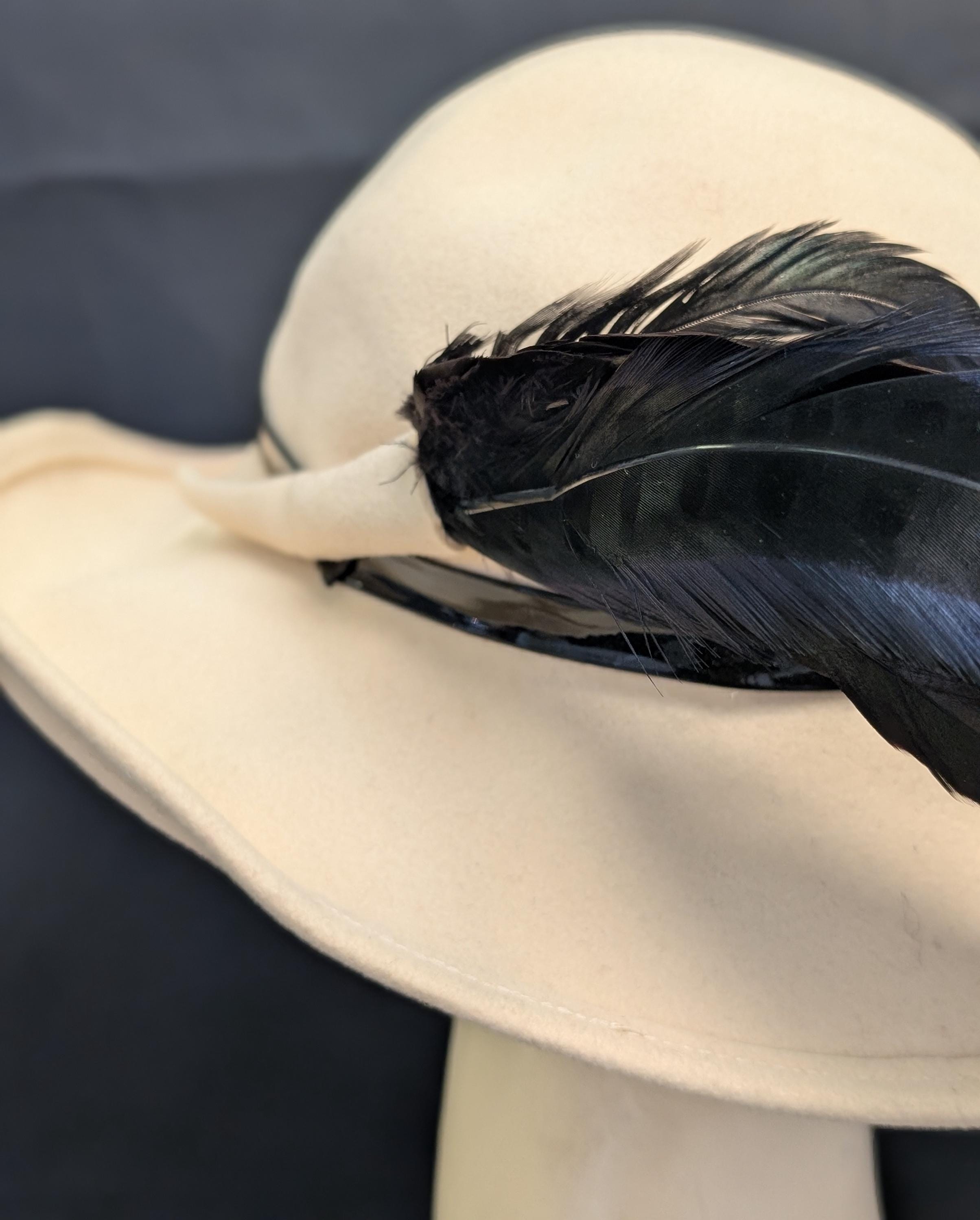 Adolfo II  Cream Felt Fedora with Feather Trim Vintage Adolfo II Cream & Black Wool W/feather Accent Hat  main image 3
