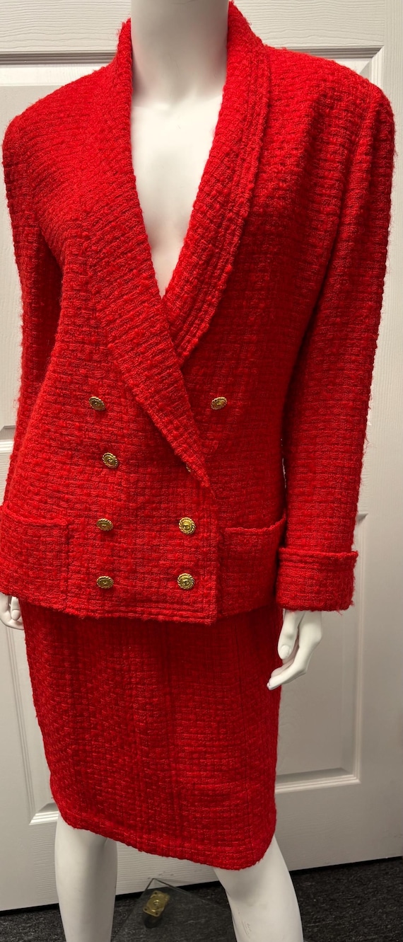 Vintage Chanel Boutique Red Wool Blend Skirt Suit Blazer Size 38