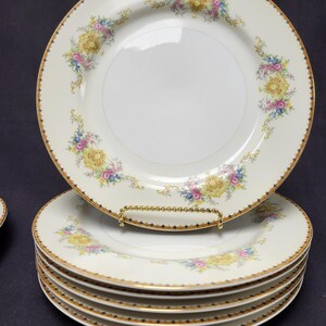 May include: A stack of white porcelain plates with a gold rim and floral design. The plates feature a gold border with a scalloped edge and a pattern of yellow, pink, and blue flowers. The plates are stacked on a dark surface.