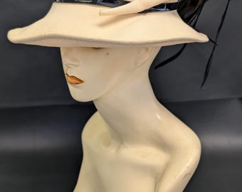 Vintage Adolfo II Cream & Black Wool W/feather Accent Hat  display picture 3