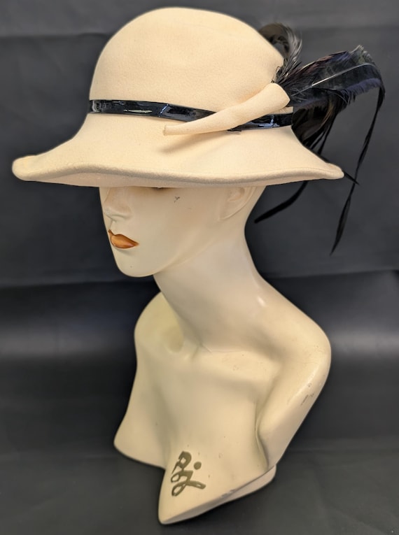 Vintage Adolfo II Cream & Black Wool W/feather Accent Hat 