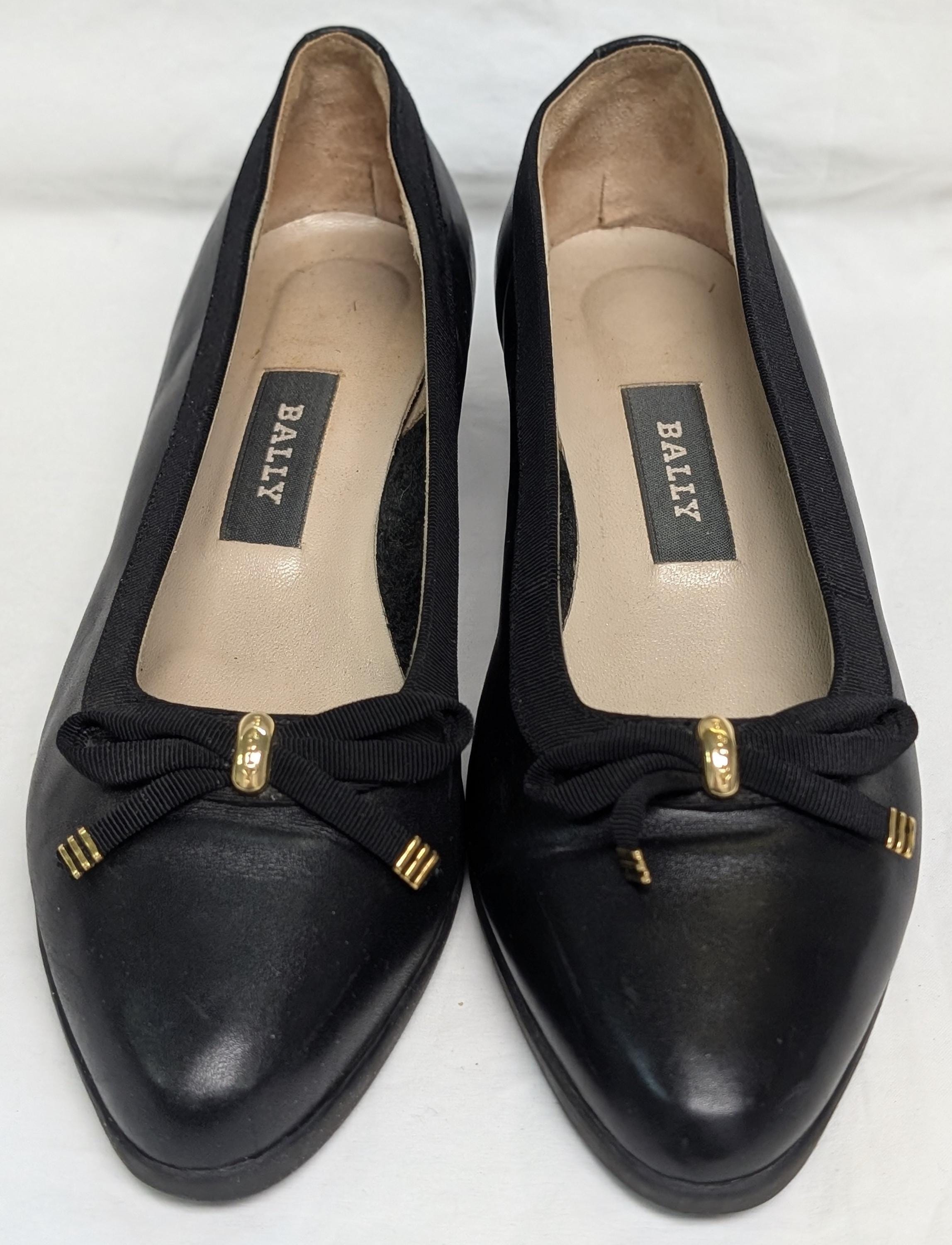 Vintage Bally Black & Bows Leather Ballet Flats W/ Gold 