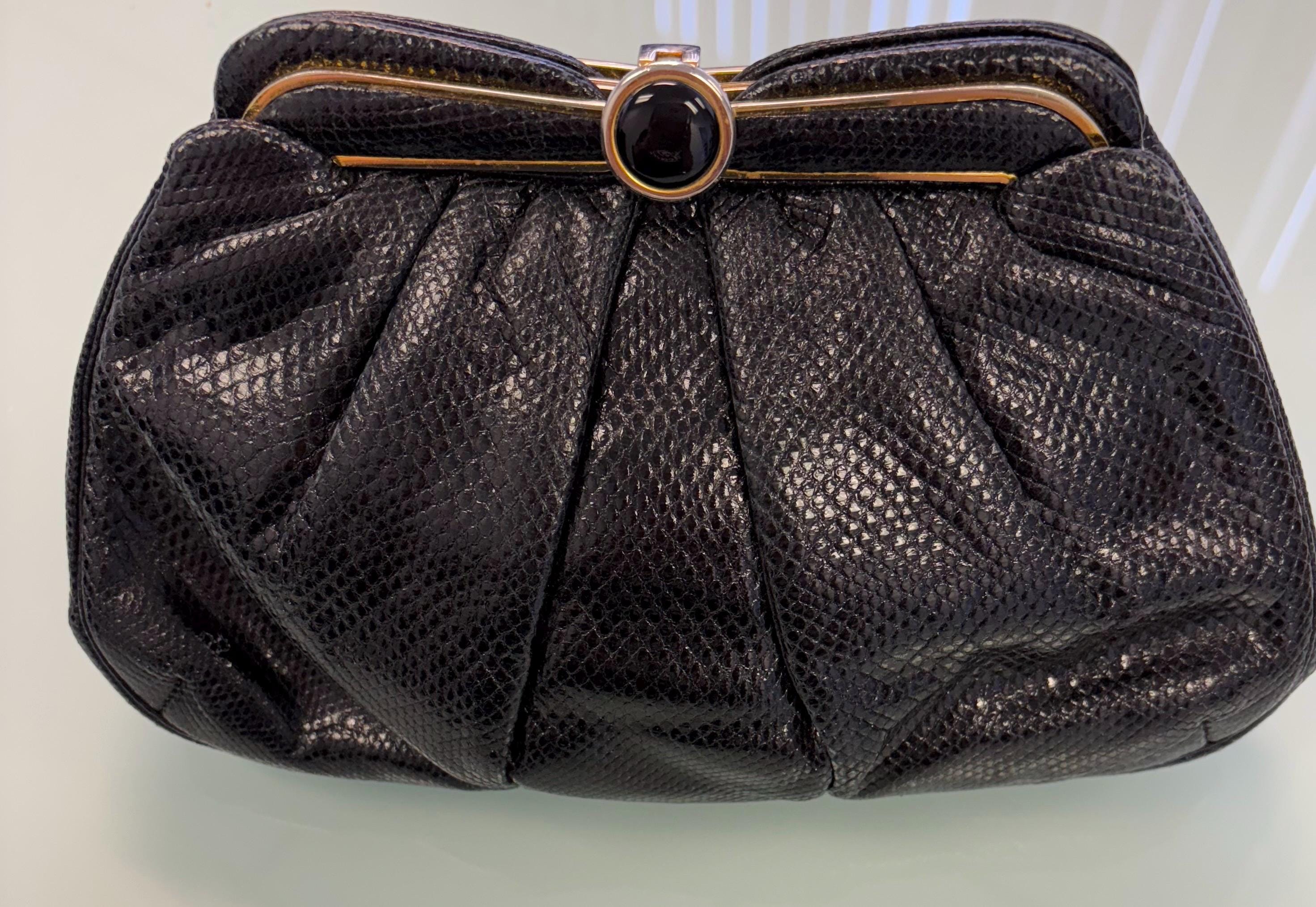 Vintage Judith Leiber Black Lizard Onyx Carnelian Clasp Clutch