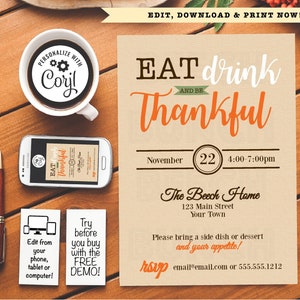 Eat Drink and Be Thankful Thanksgiving Dinner Invitation 005 image 1