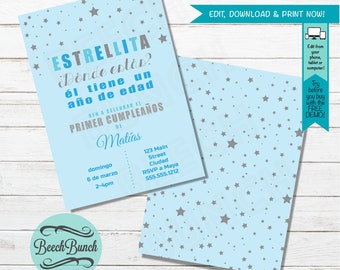 Estrellita ¿Dónde estas? Primer Cumpleaños un año de edad español Twinkle Twinkle Little Star First 1st Birthday Invitation in Spanish #080