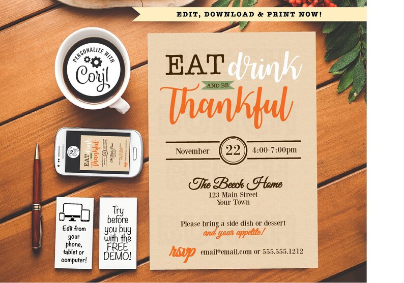 Eat Drink and Be Thankful Thanksgiving Dinner Invitation 005 image 1