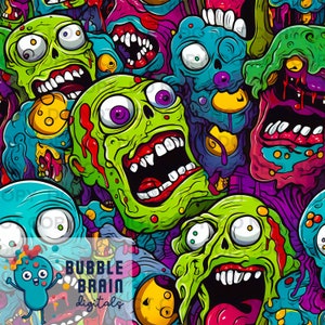 Peut inclure: Un motif numérique coloré composé de visages de zombies de dessin animé avec une peau verte, du sang rouge et des couleurs vives. Le motif est parfait pour les projets sur le thème d'Halloween ou d'horreur.