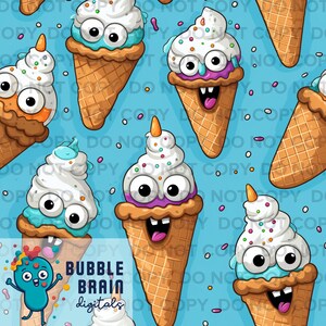 May include: A seamless pattern featuring cartoon ice cream cones with googly eyes and colorful sprinkles on a light blue background. The text "BUBBLE BRAIN digitals" is at the bottom of the pattern.